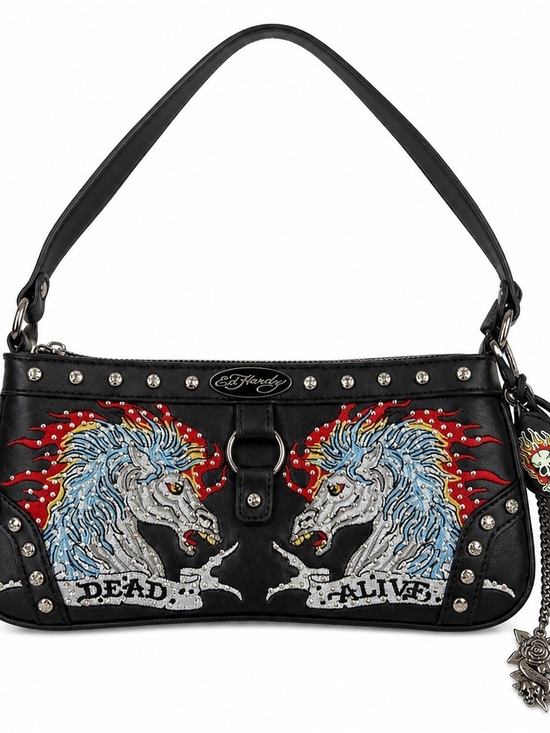 Ed Hardy Handbags - Ed Hardy Black Shoulder Bag with Red & Blue Mirrored Unicorns